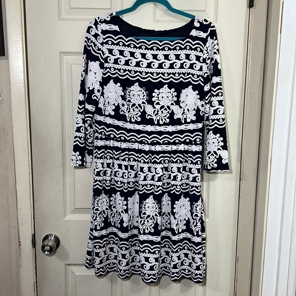 Trulli Back Keyhole Dress Navy and White Pattern Sz 14